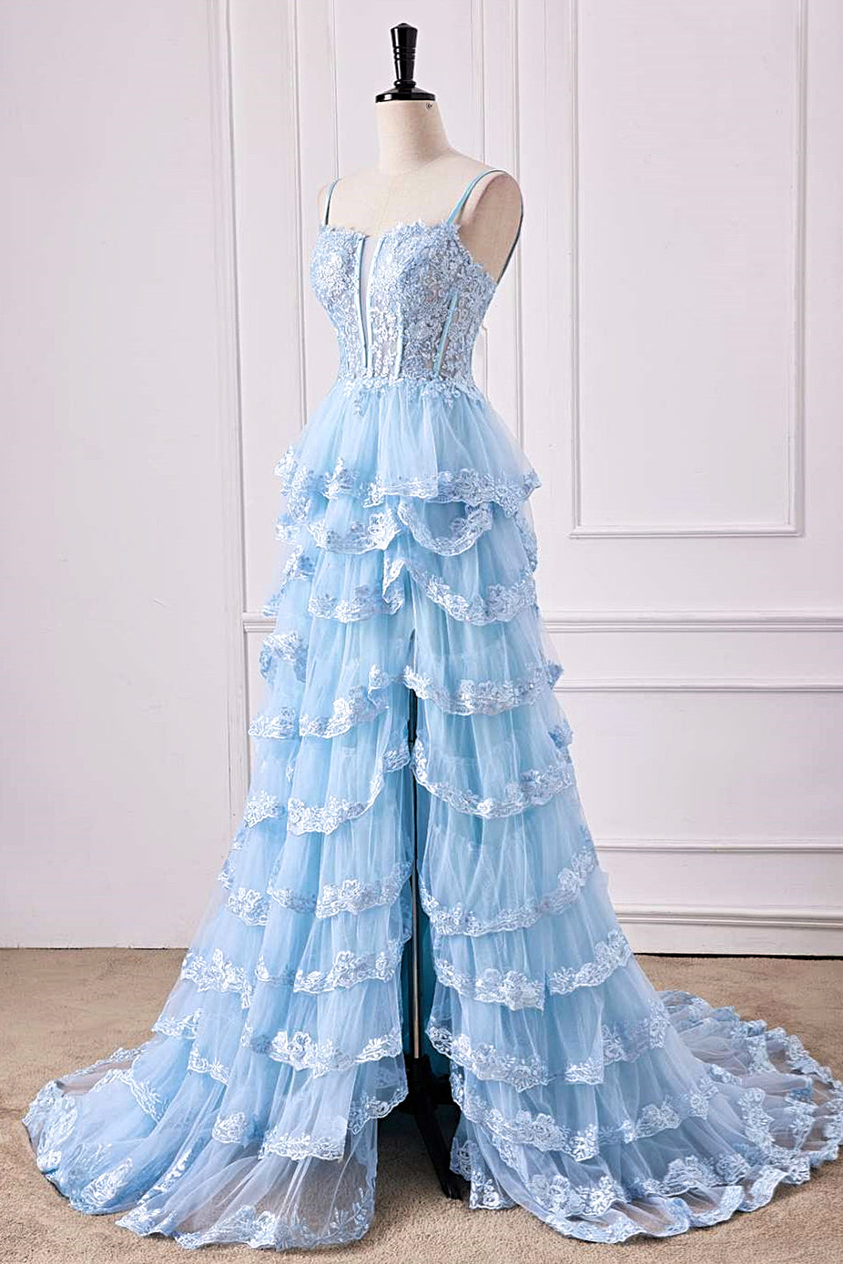 Light Blue Floral Layers Spaghetti Straps Long Prom Dress with Slit Light Blue / US 4