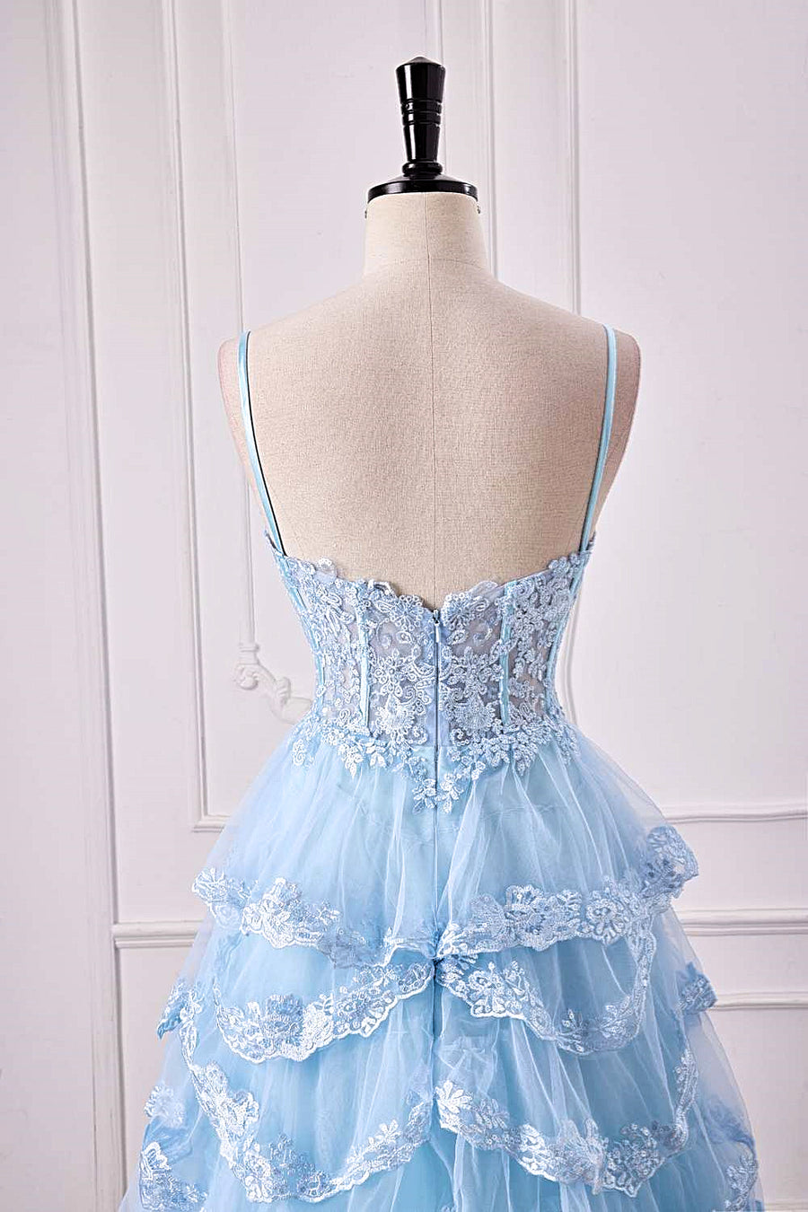 Light Blue Floral Layers Spaghetti Straps Long Prom Dress with Slit Light Blue / US 16 Light Blue Floral Layers Spaghetti Straps Long Prom Dress with Slit Light Blue / US 16