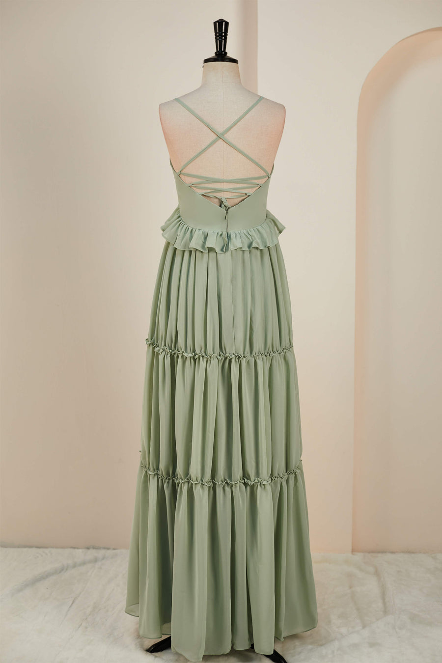 Dusty Sage Lace-Up Deep V Neck Ruffled Empire Long Bridesmaid Dress