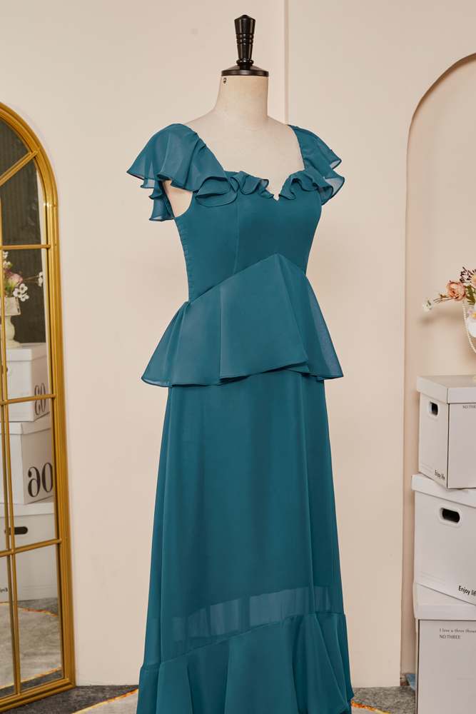 Teal Flaunt Sleeves Ruffled Layers A-line Long Bridesmaid Dress