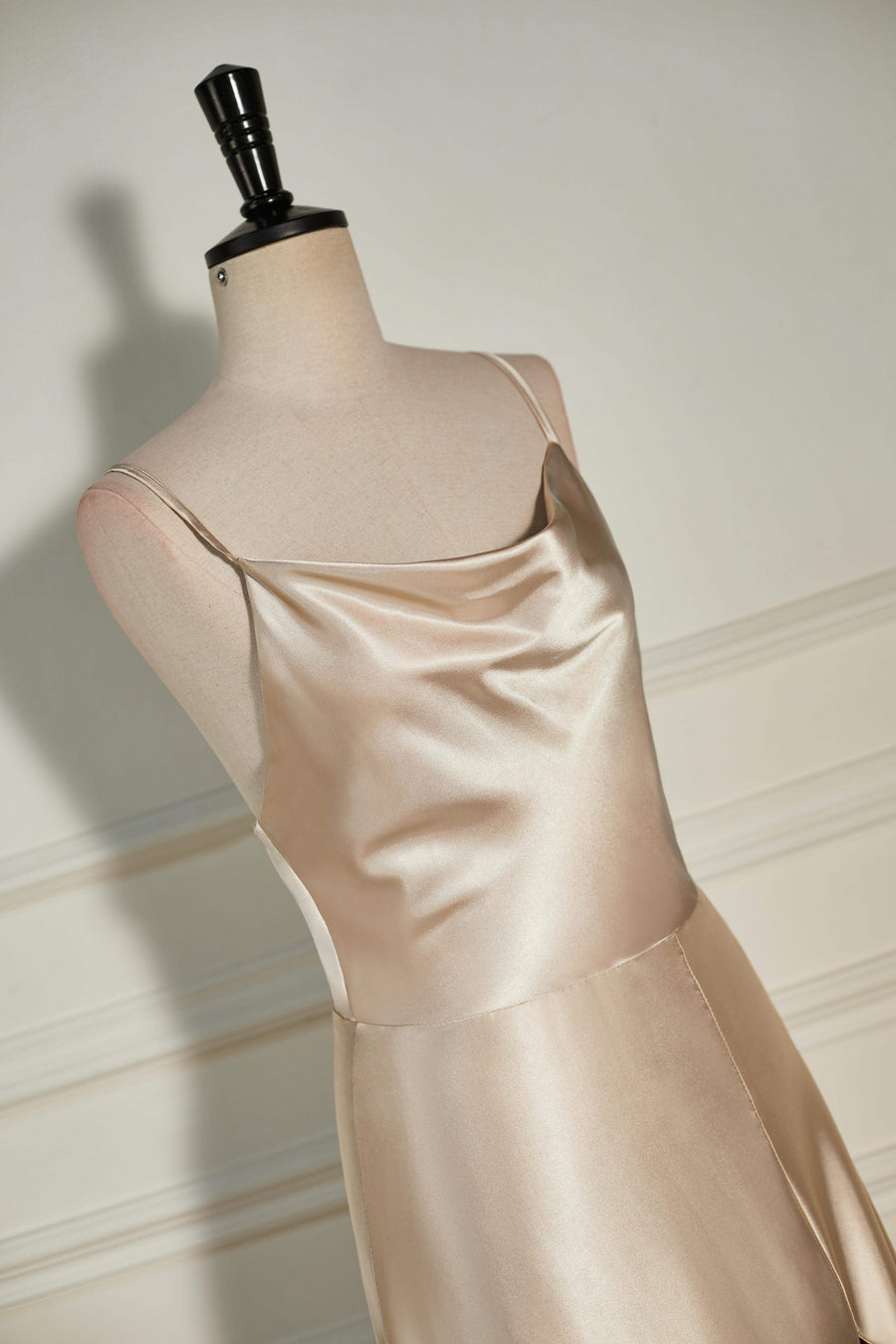 Champagne Cowl Neck Straps A-line Satin Long Bridesmaid Dress with Slit