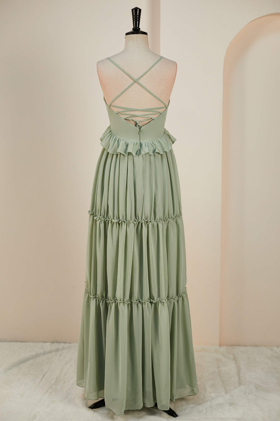 Dusty Sage Lace-Up Deep V Neck Ruffled Empire Long Bridesmaid Dress Dusty Sage / US 12 Dusty Sage Lace-Up Deep V Neck Ruffled Empire Long Bridesmaid Dress Dusty Sage / US 12