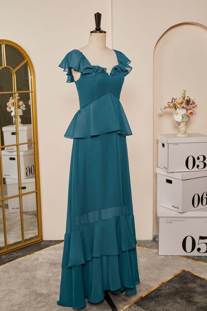 Teal Flaunt Sleeves Ruffled Layers A-line Long Bridesmaid Dress Teal / US 14