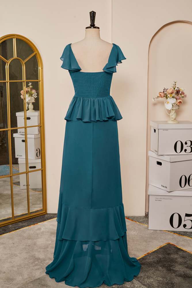 Teal Flaunt Sleeves Ruffled Layers A-line Long Bridesmaid Dress