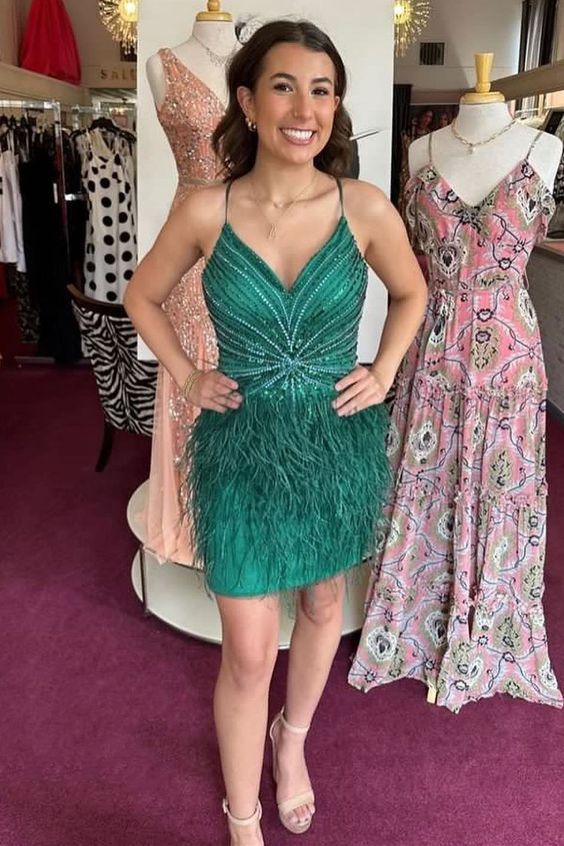 Green Feather Beaded Lace-Up Back Cocktail Homecoming  Dress