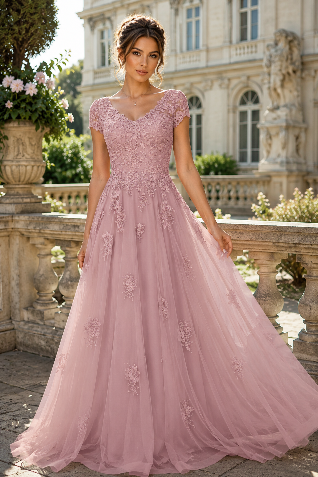 V-Neck Short Sleeveless Tulle A-Line Lace Applques Long Mother Of The Bride Dress