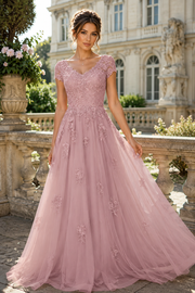 V-Neck Short Sleeveless Tulle A-Line Lace Applques Long Mother Of The Bride Dress 
