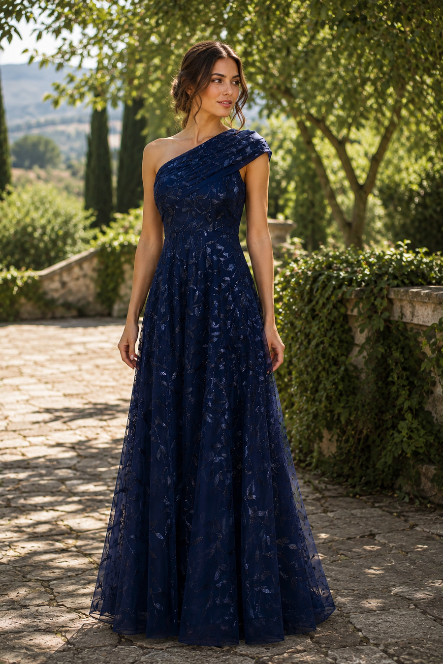 One Shoulder Lace Tulle A-Line Empire Long Mother Of The Bride Dress