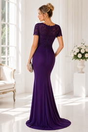 Round Short Sleeves Lace Appliques Chiffon Mermaid Mother Of The Bride Dress