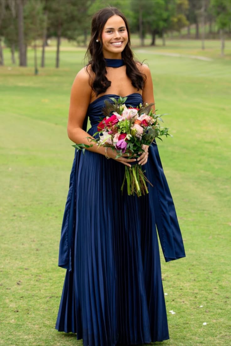 Pleated Satin A-Line Sweetheart Strapless Empire Long Party Prom Dress