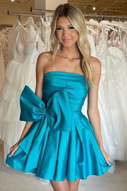 Cute A-Line Strapless Satin Short Homecoming Dresses with Bownot Blue / US 12