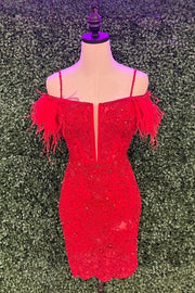 Red Off-the-Shoulder Sequined Embroidery Sheath Homecoming Dress with Feathers