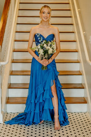 Chiffon A-Line Sweetheart Strapless Tiered Party Prom Dress