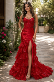 Red Sweetheart Mermaid Lace Tiered Prom Dress