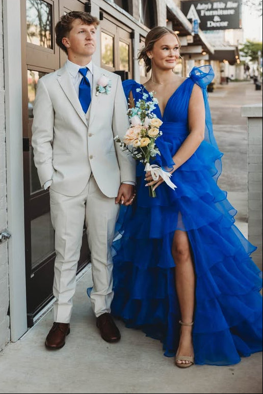 V-Neck Bow Straps Tulle A-Line Tiered Party Prom Dress