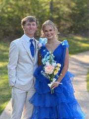 V-Neck Bow Straps Tulle A-Line Tiered Party Prom Dress