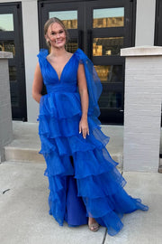 V-Neck Bow Straps Tulle A-Line Tiered Party Prom Dress