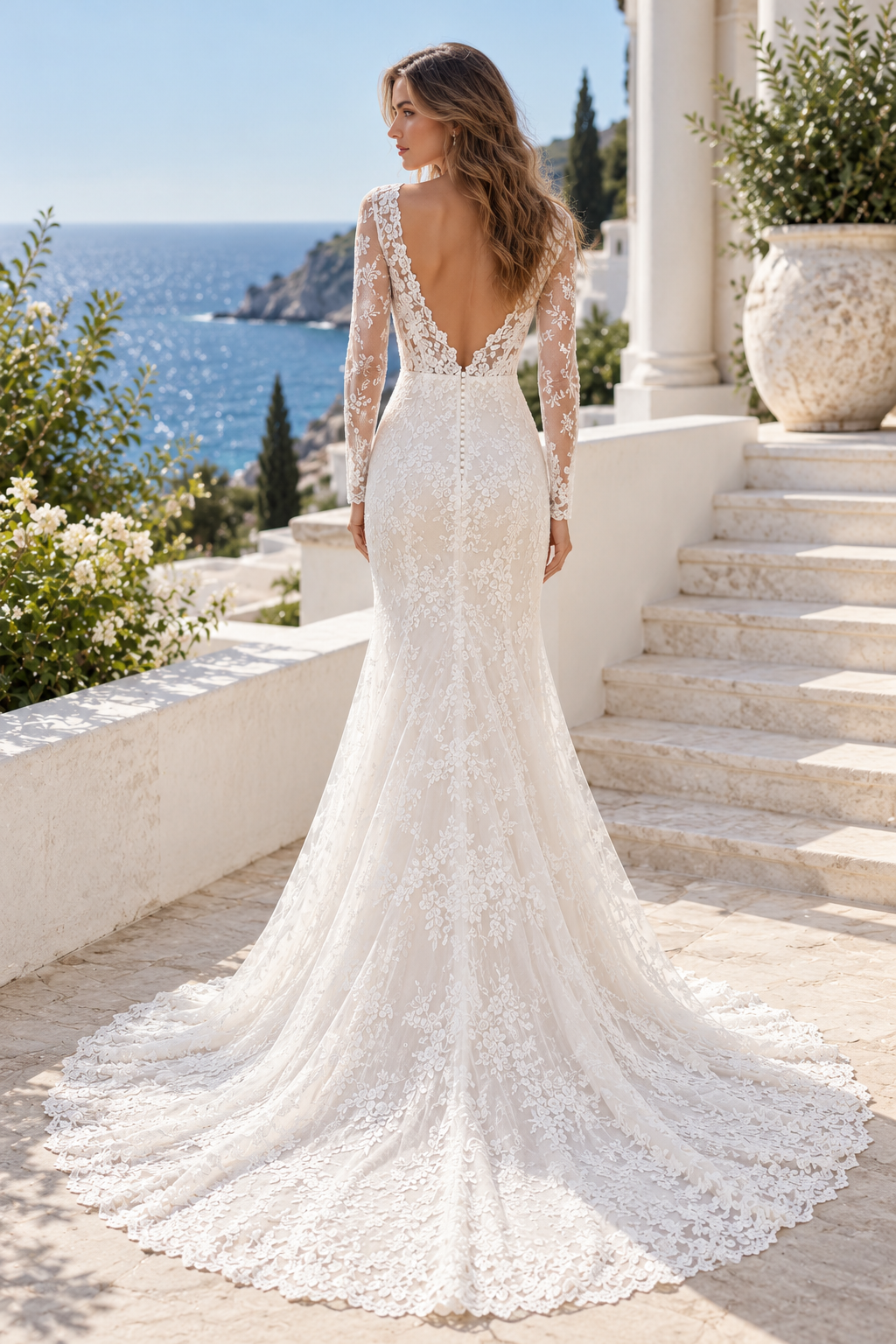 Elegant V-Neck Long Sleeves Empire Mermaid Lace Wedding Dress