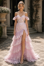 Chic A-Line Off-Shoulder Tiered With Side Slit Prom Dress