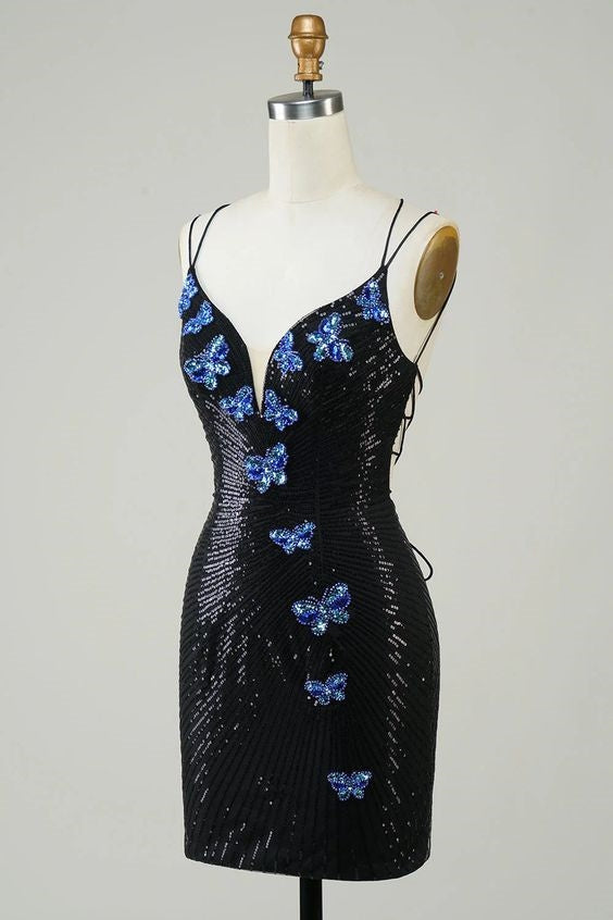 Black Glitter Tight Homecoming Dress With Sequins Butterflies