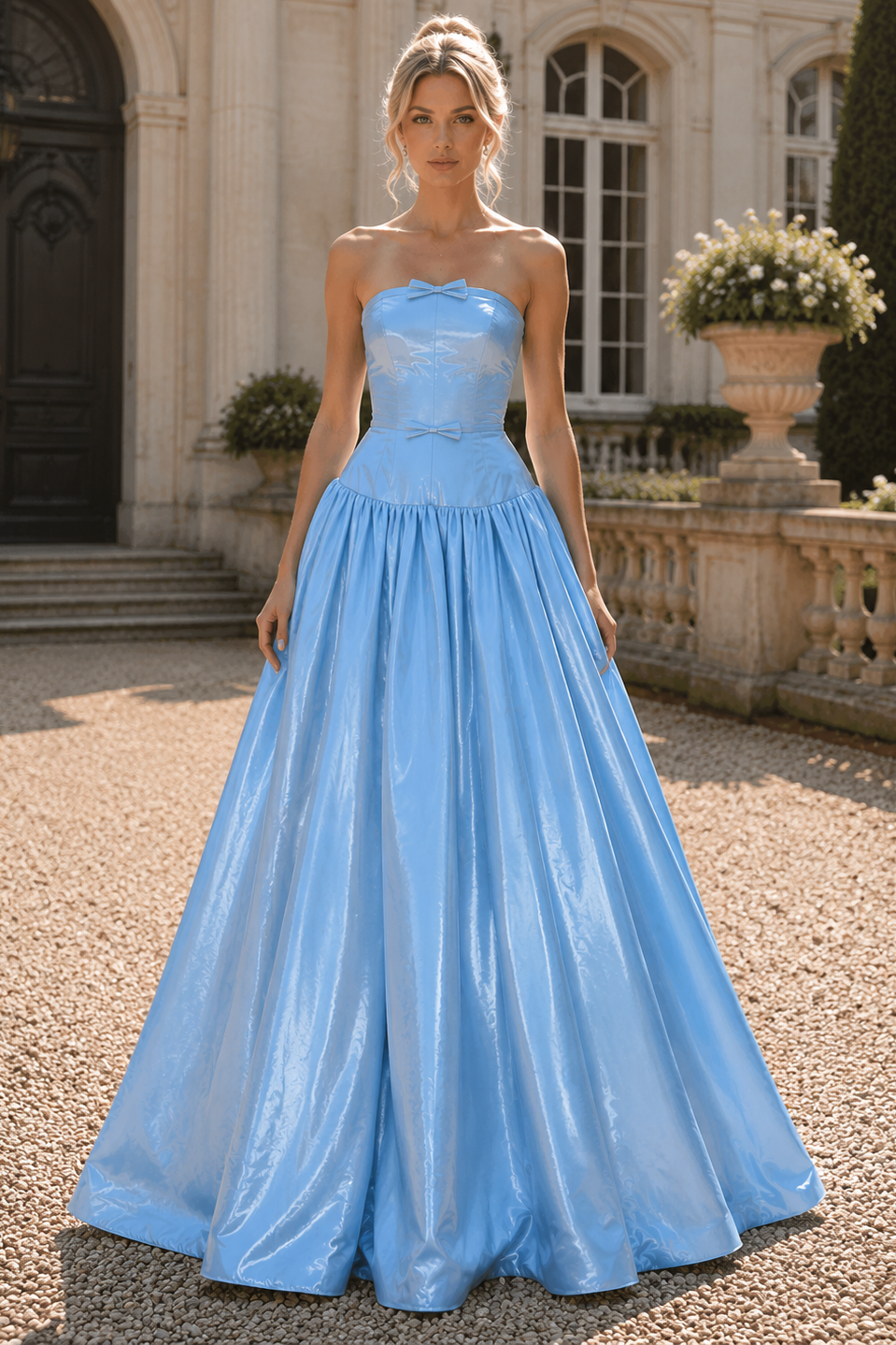 Chic Satin A-Line Strapless Long Party Prom Dress