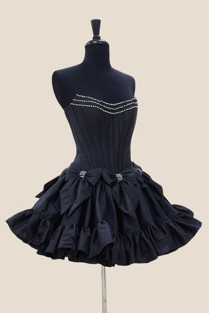 Strapless Black Ruffle Short Dress with Bow Homecoming Dress Black / US 14 Strapless Black Ruffle Short Dress with Bow Homecoming Dress Black / US 14
