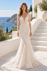 Elegant V-Neck Long Sleeves Empire Mermaid Lace Wedding Dress