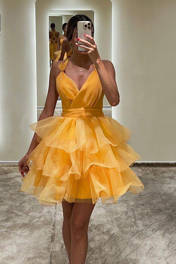 Purple Short Prom Dresses A Line Tiered V-Neck Homecoming Dress Orange / US 6 Purple Short Prom Dresses A Line Tiered V-Neck Homecoming Dress Orange / US 6