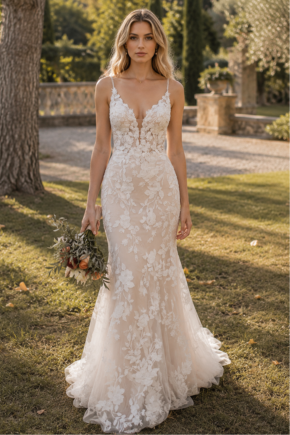 Sexy Mermaid Lace V-Neck Spaghetti Straps Long Wedding Dress