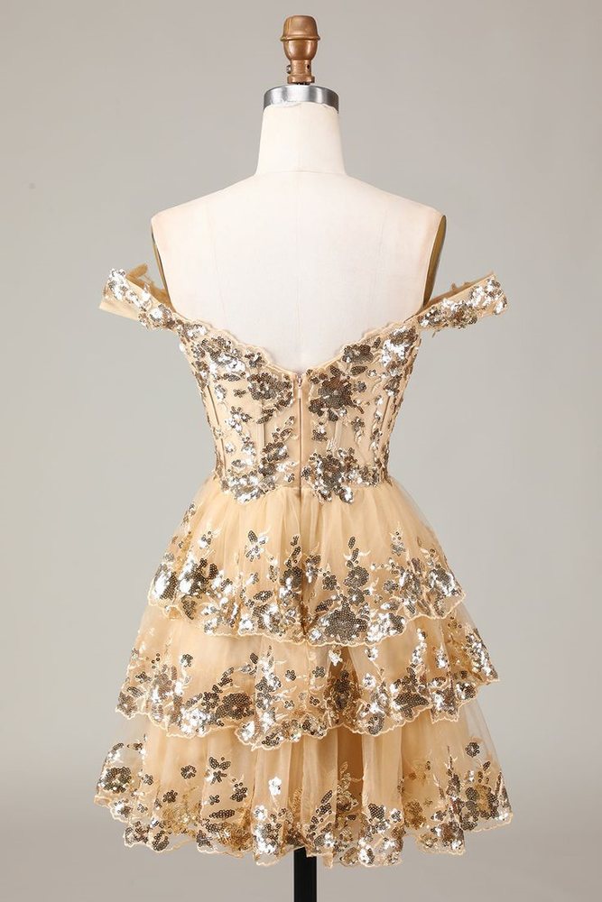 Women Sparkly Golden Homecoming Dress Corset Tiered Cocktail Dress