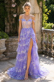 Off the Shoulder Sequin Applique Ruffle Prom Dress with Slit