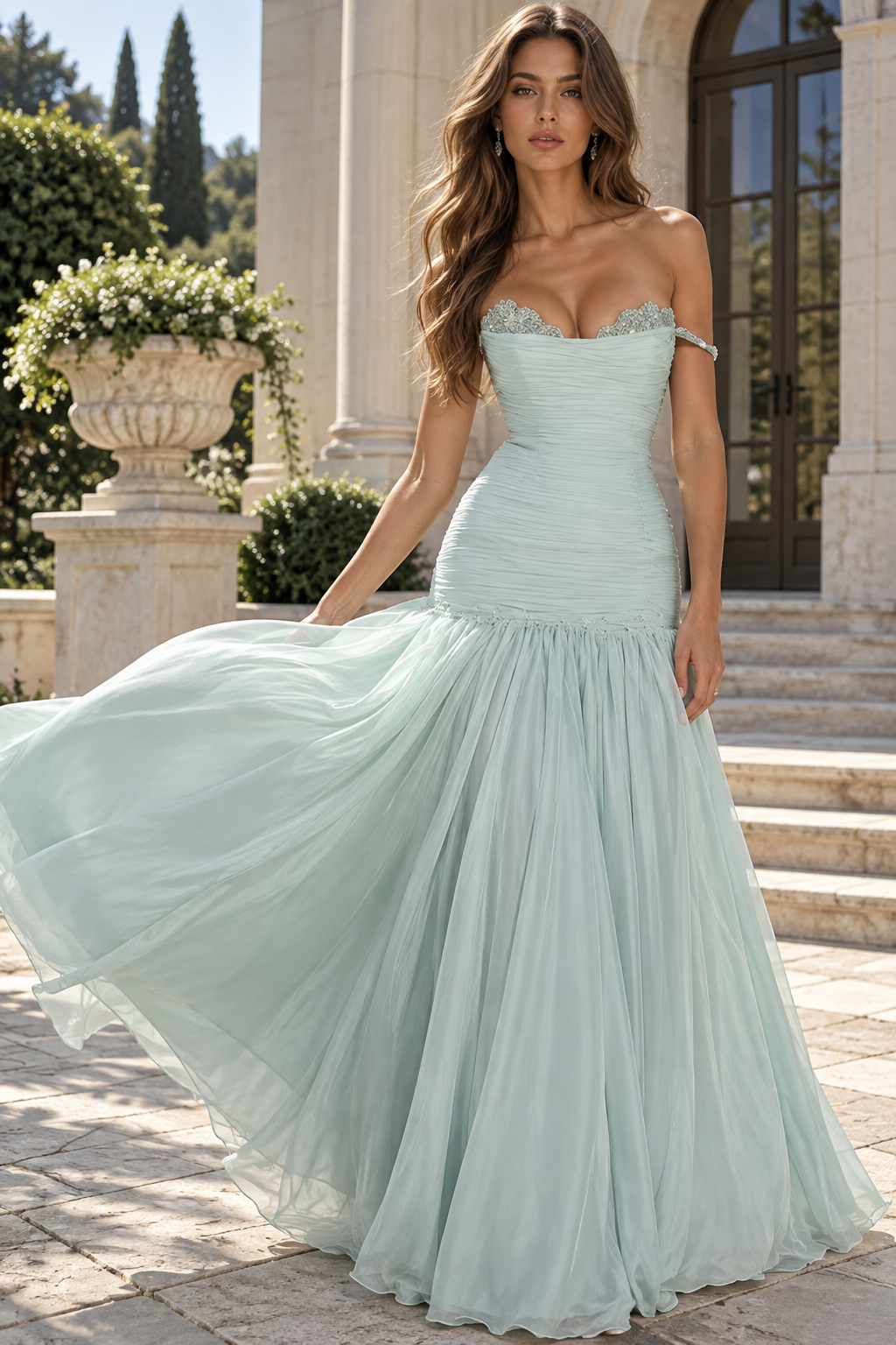 Sweetheart Off-Shoulder Pleated Chiffon A-Line Party Prom Dress
