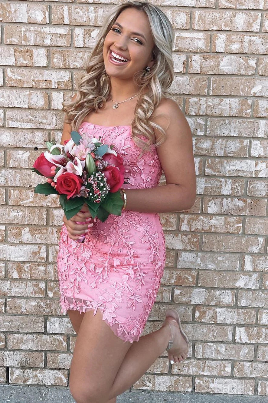 Pink Strapless Sheath Appliques Homecoming Dress