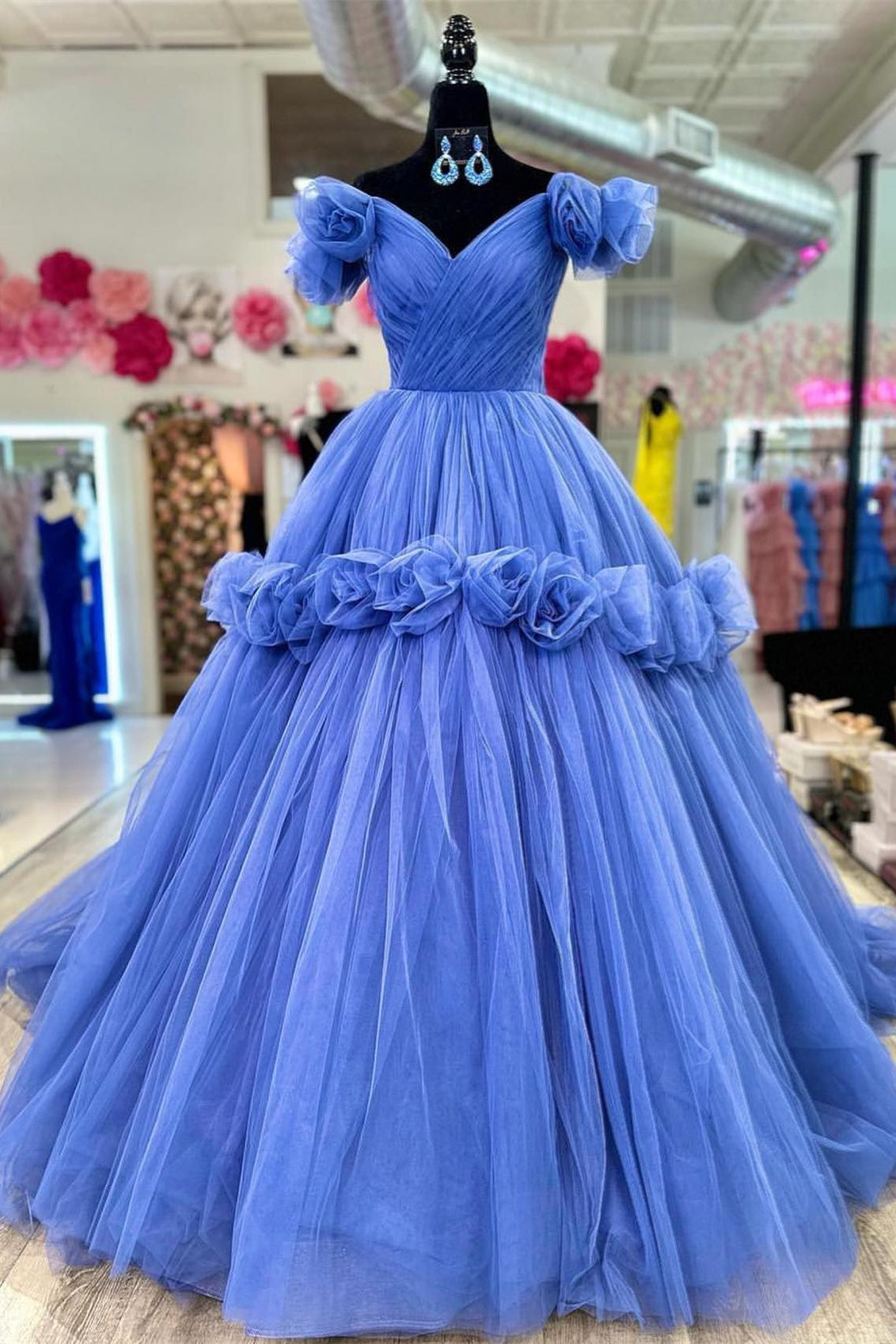 Bijou Blue Flowers Off-Shoulder A-line Tulle Long Prom Dress
