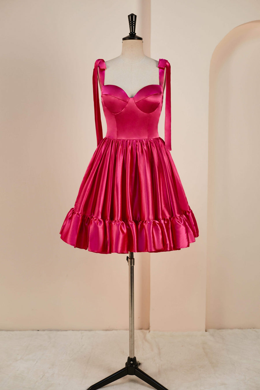 Rose Pink A-line Bow Tie Straps Ruffled Satin Homecoming Dress