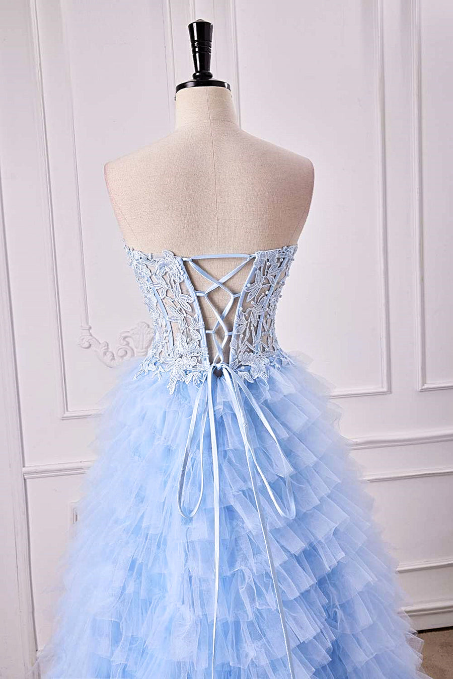Light Blue Strapless Floral Layers A-line Long Prom Dress with Slit Light Blue / US 14 Light Blue Strapless Floral Layers A-line Long Prom Dress with Slit Light Blue / US 14