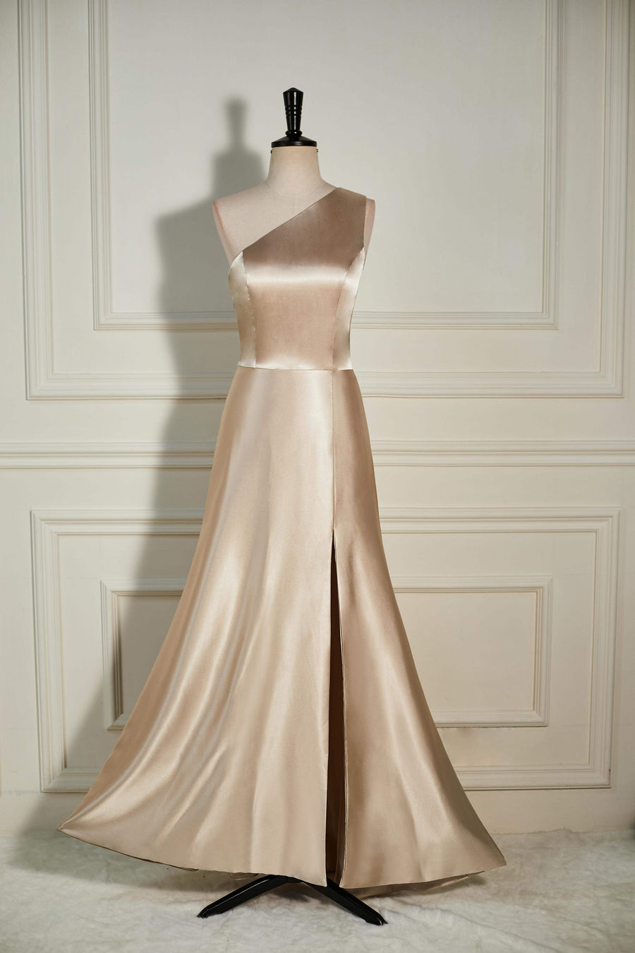 Champagne One Shoulder A-line Satin Long Bridesmaid Dress with Slit
