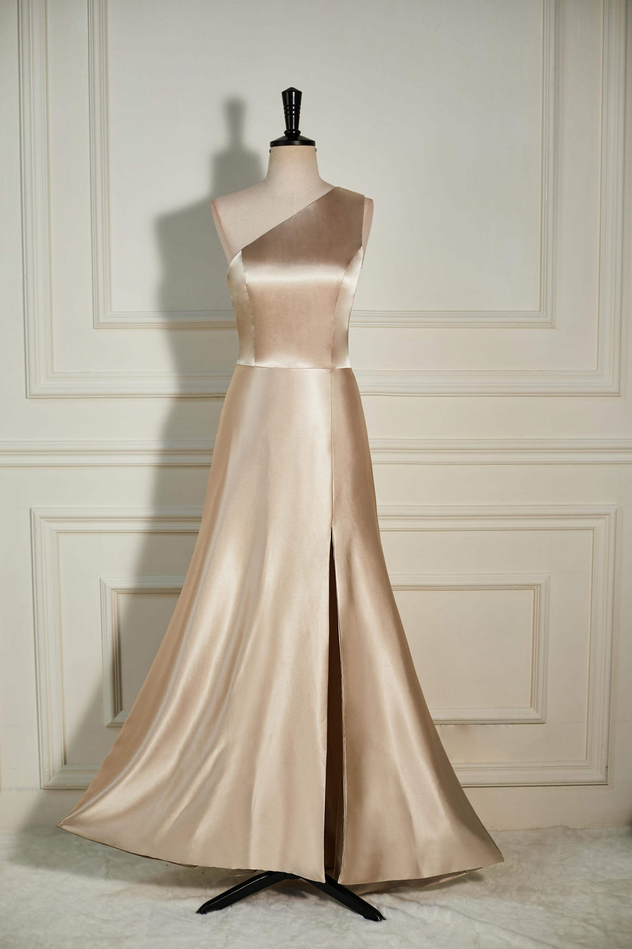 Champagne One Shoulder A-Line Satin Long Bridesmaid Dress with Slit Champagne / Custom Size Champagne One Shoulder A-Line Satin Long Bridesmaid Dress with Slit Champagne / Custom Size
