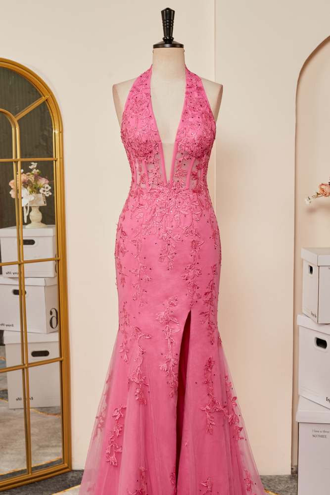Pink Appliques Mermaid Plunging V Halter Long Prom Dress with Slit