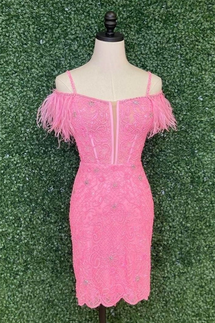 Pink Off-the-Shoulder Sequined Embroidery Sheath Homecoming Dress with Feathers