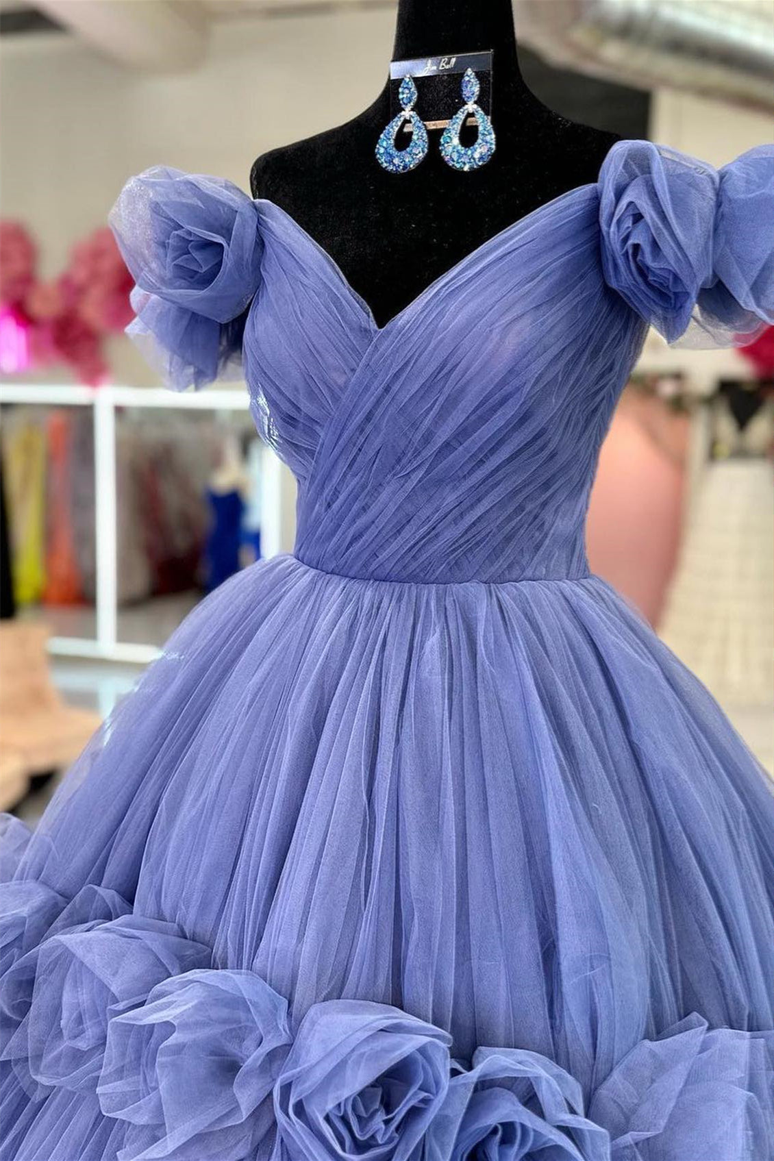 Bijou Blue Flowers Off-Shoulder A-line Tulle Long Prom Dress