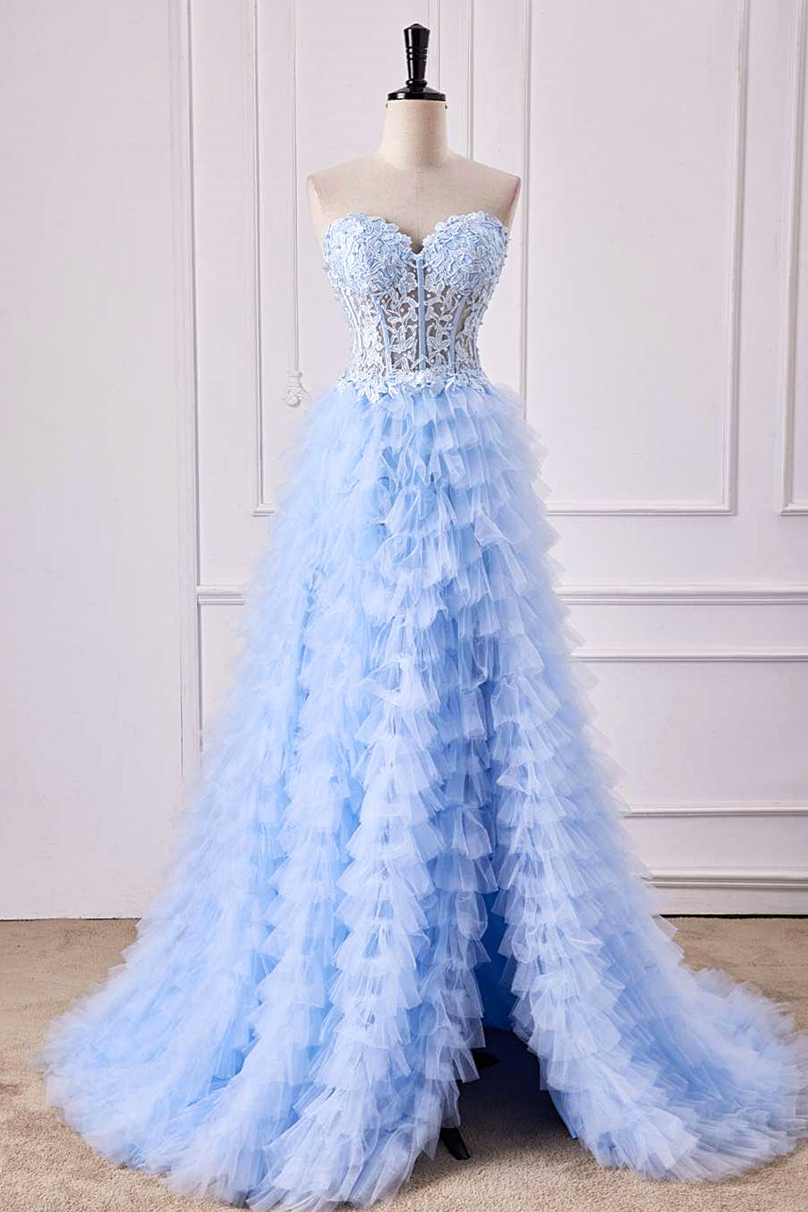 Light Blue Strapless Floral Layers A-Line Long Prom Dress with Slit Light Blue / US 14