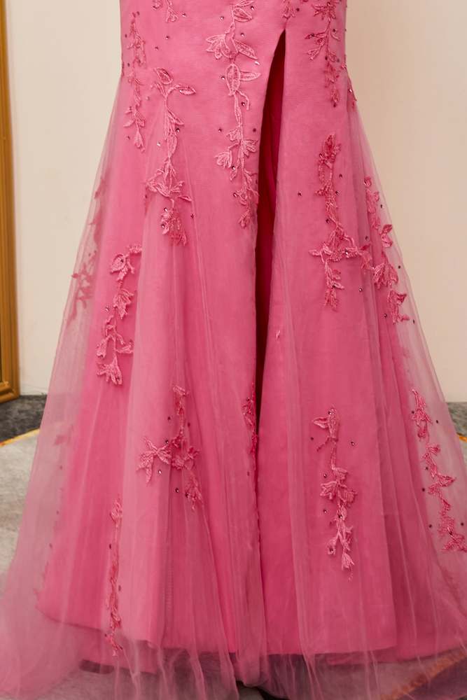 Pink Appliques Mermaid Plunging V Halter Long Prom Dress with Slit