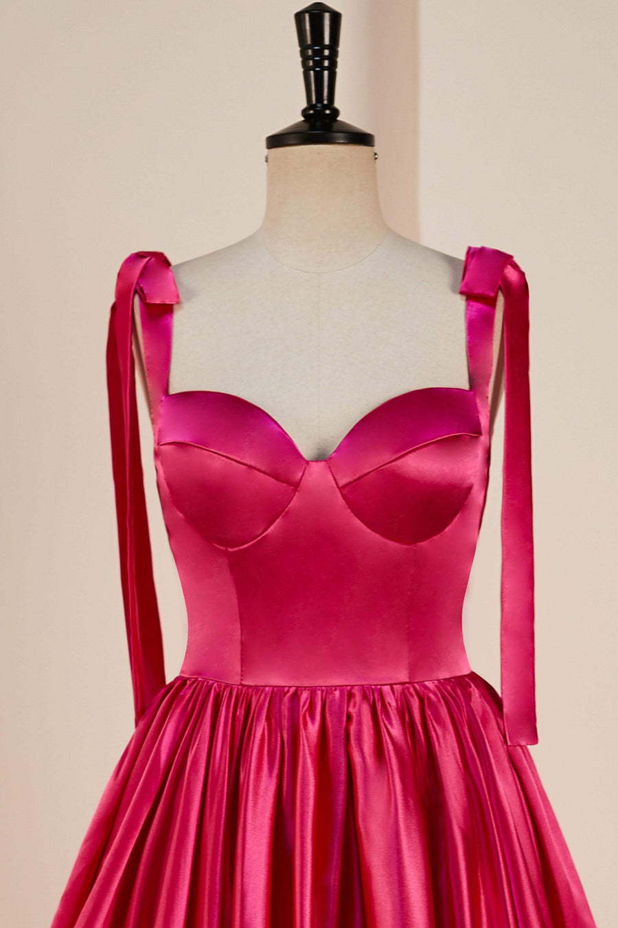 Rose Pink A-line Bow Tie Straps Ruffled Satin Homecoming Dress