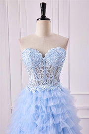 Light Blue Strapless Floral Layers A-line Long Prom Dress with Slit