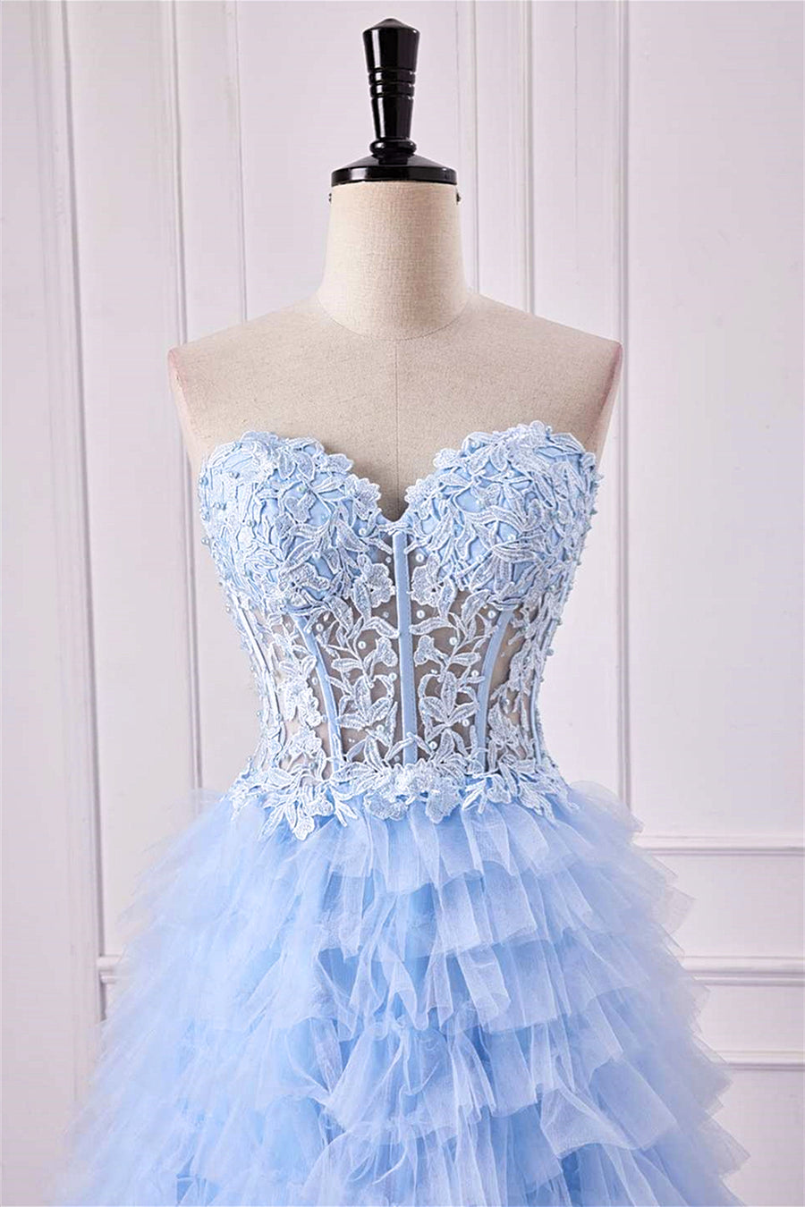 Light Blue Strapless Floral Layers A-line Long Prom Dress with Slit Light Blue / US 14 Light Blue Strapless Floral Layers A-line Long Prom Dress with Slit Light Blue / US 14