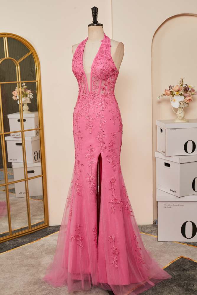 Pink Appliques Mermaid Plunging V Halter Long Prom Dress with Slit