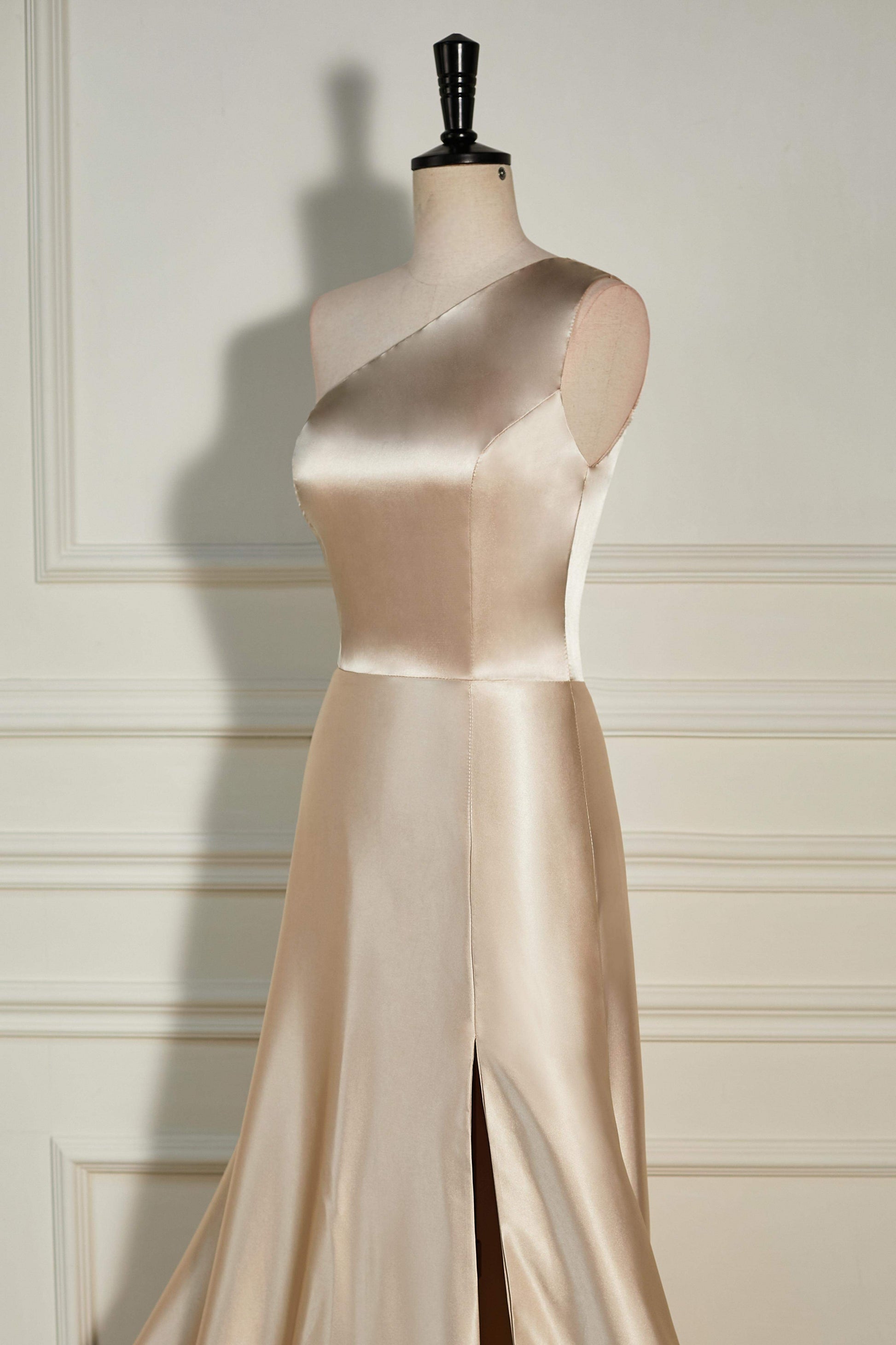 Champagne One Shoulder A-line Satin Long Bridesmaid Dress with Slit