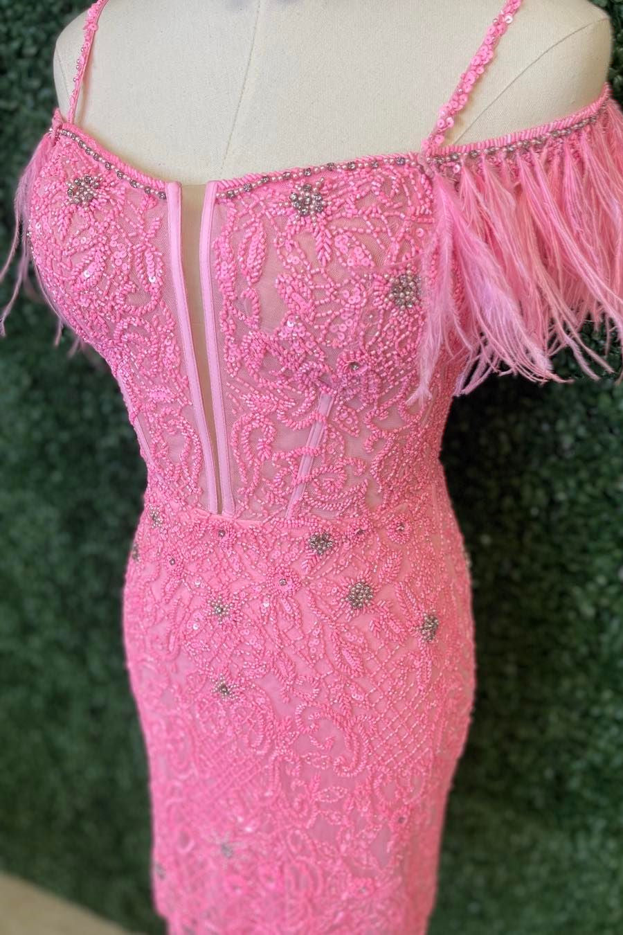 Pink Off-the-Shoulder Sequined Embroidery Sheath Homecoming Dress with Feathers