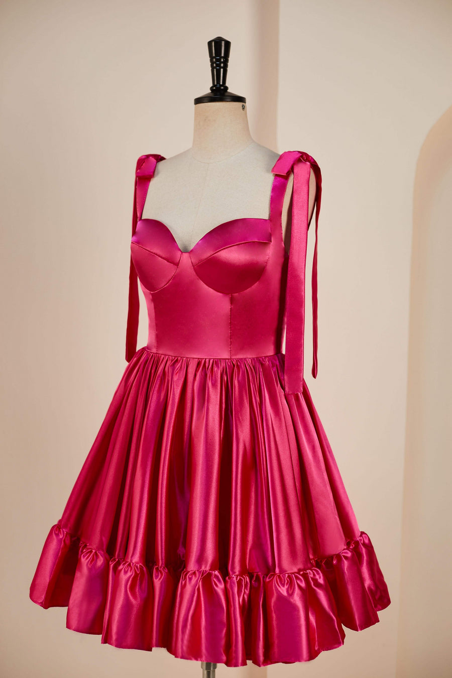 Rose Pink A-line Bow Tie Straps Ruffled Satin Homecoming Dress